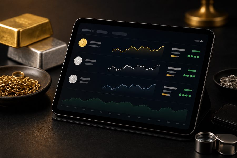 Tablet showing abstract precious metal spot quote charts beside gold and silver