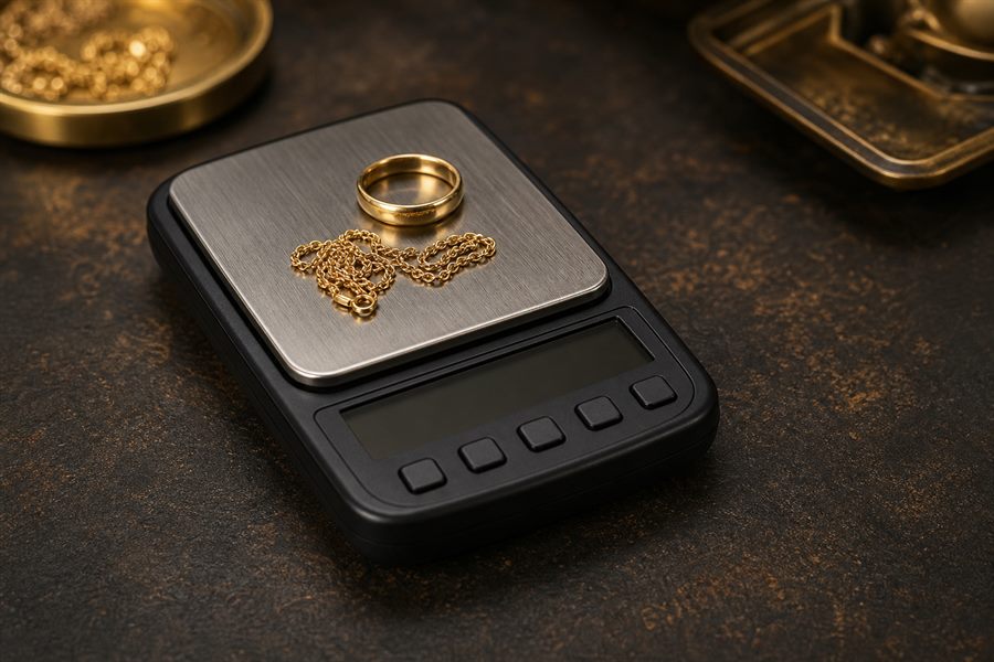 Digital gram scale weighing gold jewelry for a precious metal estimate