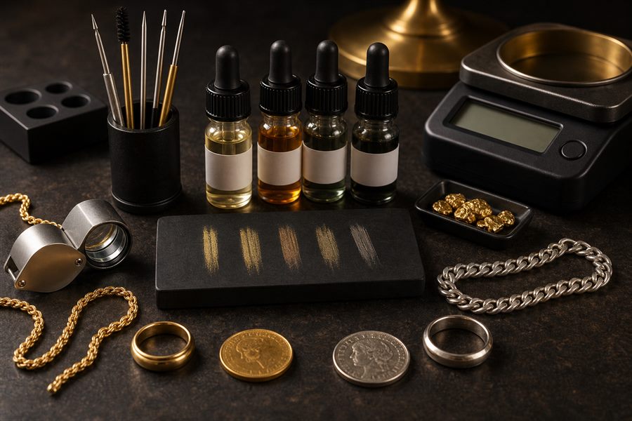 Gold and silver testing tools with jewelry samples on a workbench