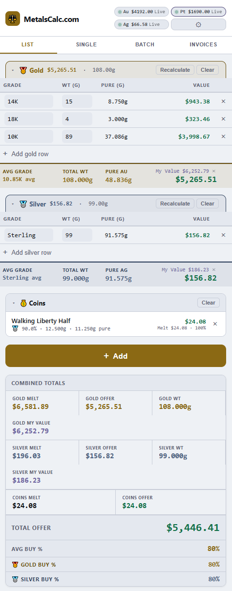 SpotCalc Pro list view showing gold, silver and coin lots with combined totals and a $5,446.41 total offer