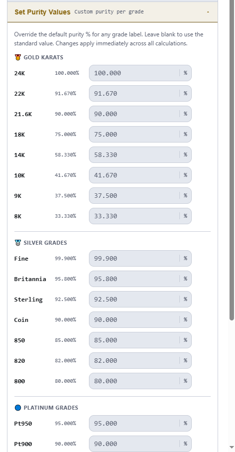 SpotCalc Pro purity settings panel showing customizable percentages for gold karats, silver grades, and platinum