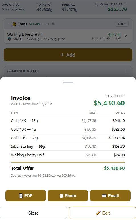 SpotCalc Pro invoice view showing finalized offer of $5,430.60 with PDF, Photo, and Email export buttons