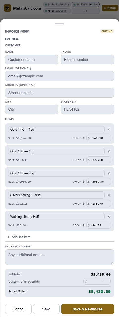 SpotCalc Pro invoice editing screen showing customer name, phone, address fields and per-item offer overrides
